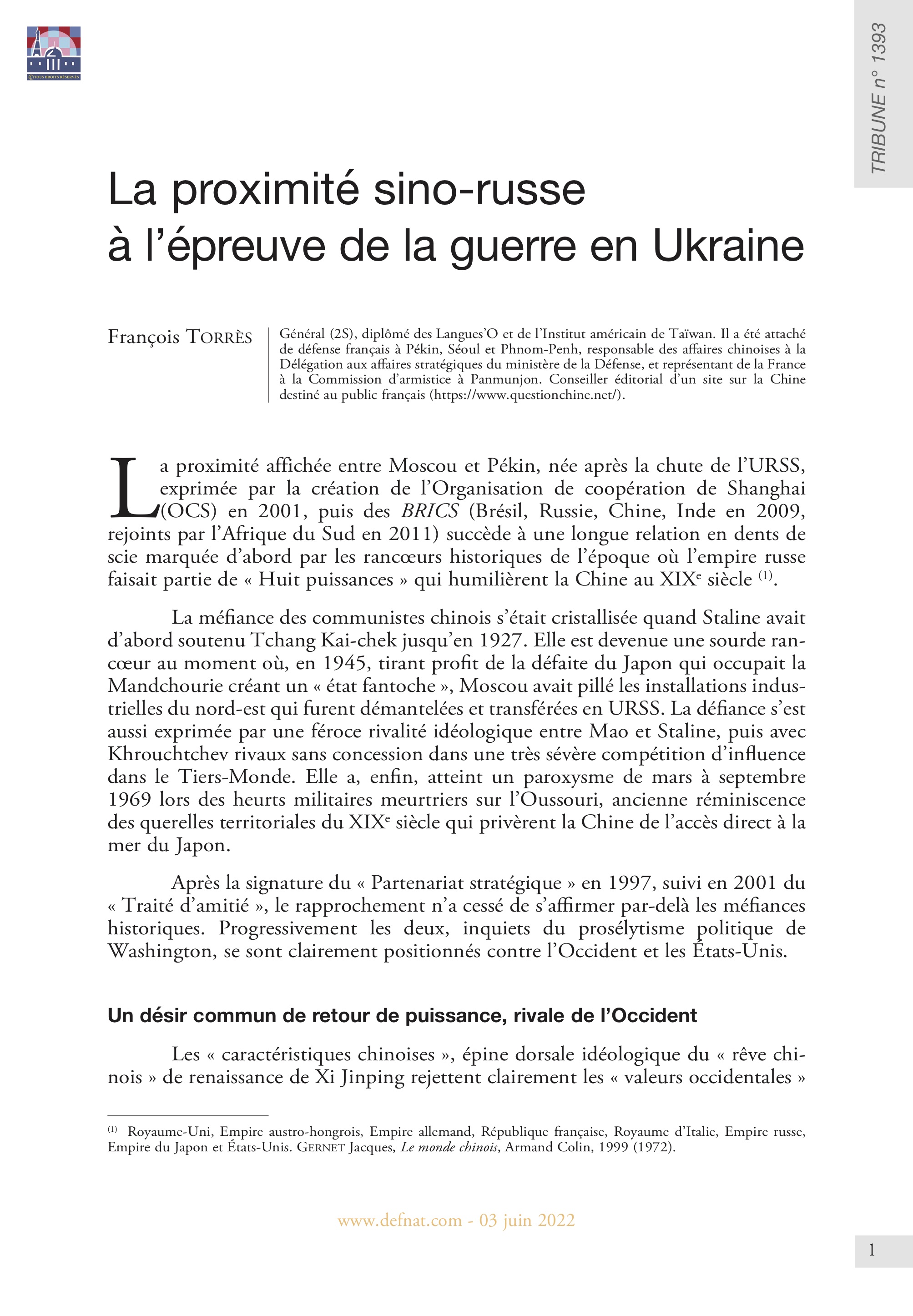 La proximité sino-russe à l’épreuve de la guerre en Ukraine (T 1393)
